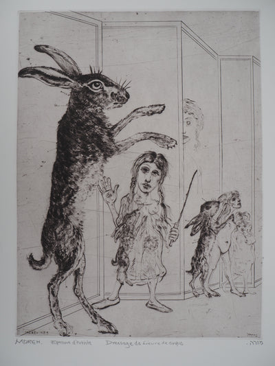 Mordecaï MOREH : Dressage de lièvre de cirque, Gravure originale signée