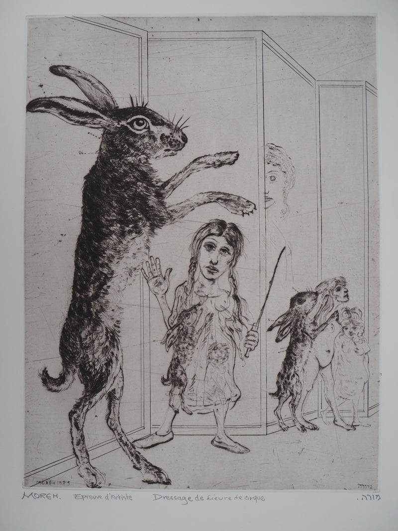 Mordecaï MOREH : Dressage de lièvre de cirque, Gravure originale signée