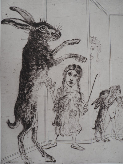 Mordecaï MOREH : Dressage de lièvre de cirque, Gravure originale signée