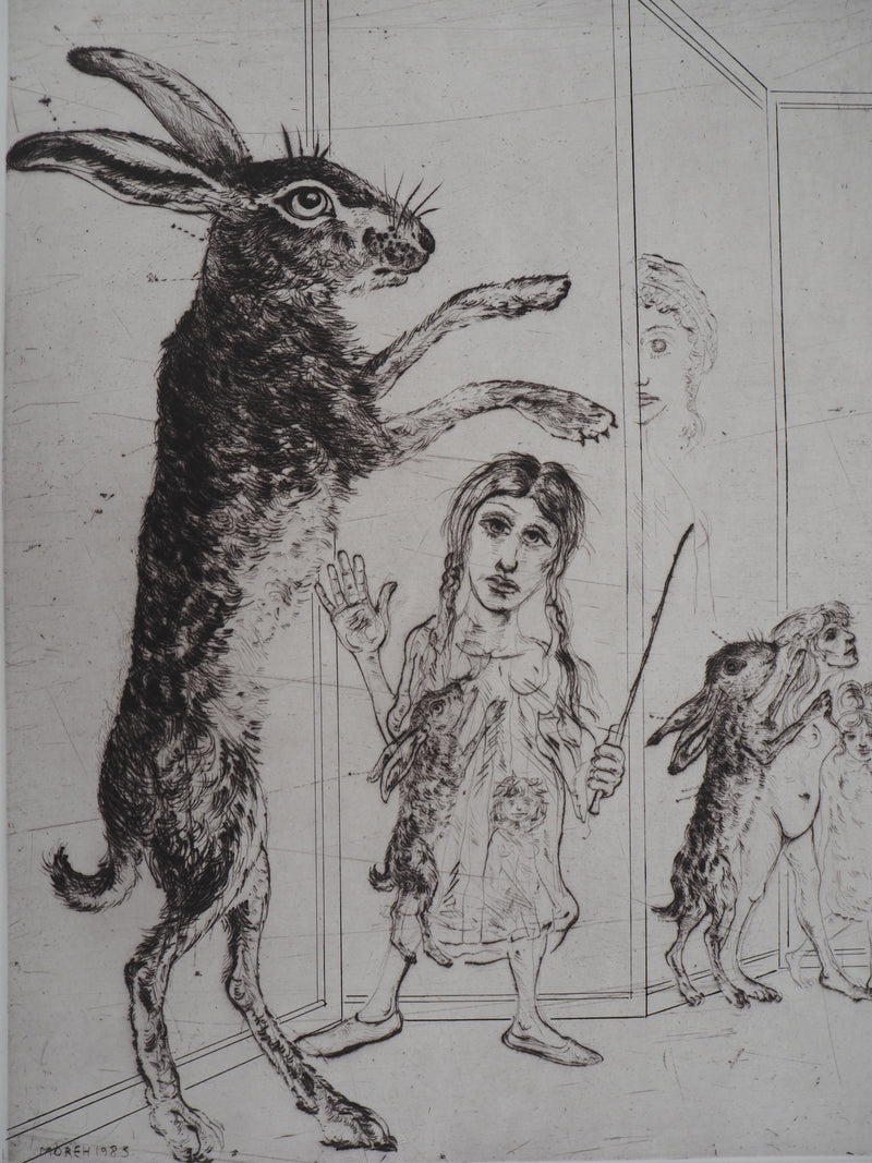Mordecaï MOREH : Dressage de lièvre de cirque, Gravure originale signée