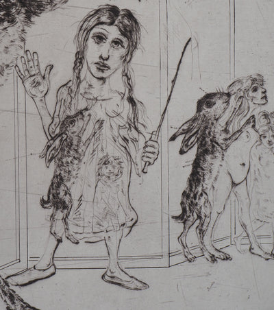 Mordecaï MOREH : Dressage de lièvre de cirque, Gravure originale signée