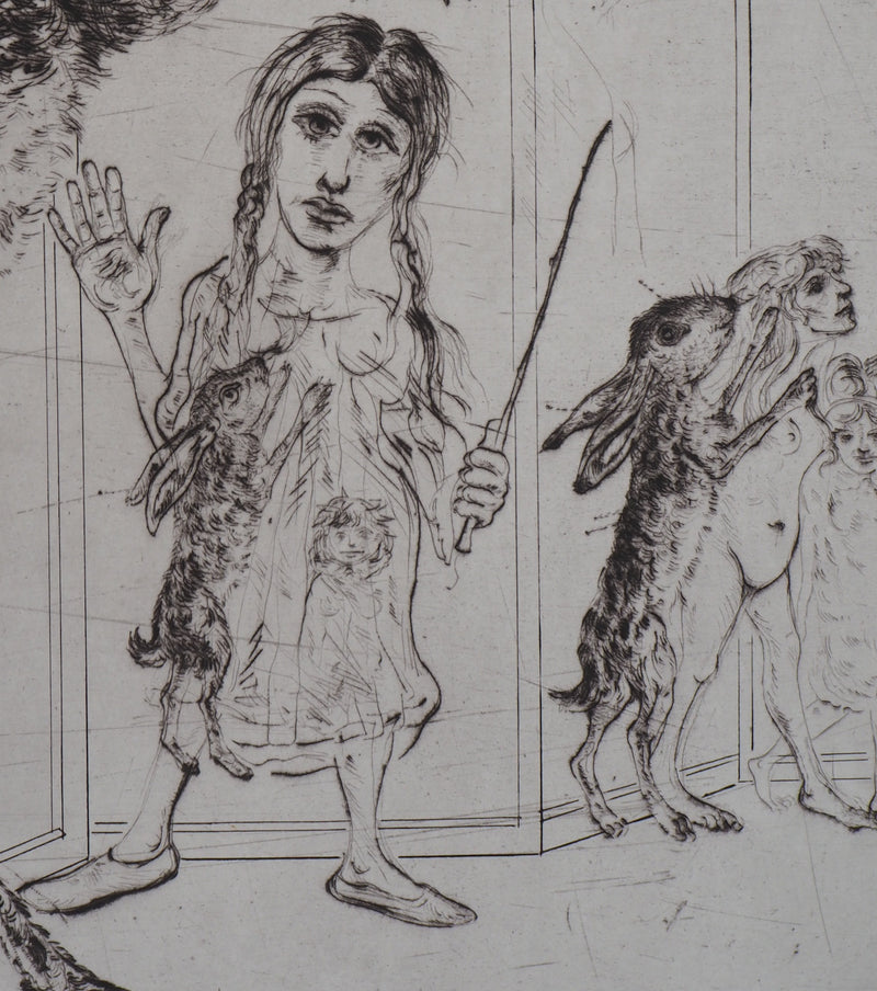Mordecaï MOREH : Dressage de lièvre de cirque, Gravure originale signée