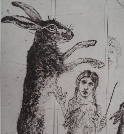 Mordecaï MOREH : Dressage de lièvre de cirque, Gravure originale signée