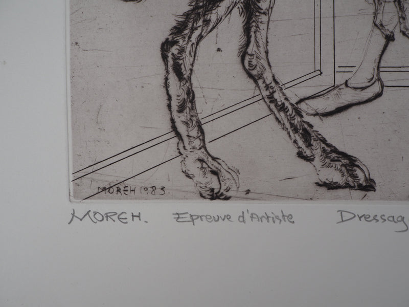 Mordecaï MOREH : Dressage de lièvre de cirque, Gravure originale signée