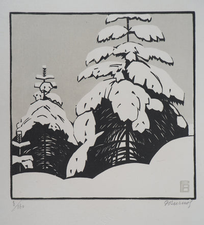 Philippe BURNOT : La neige, Gravure sur bois originale signée