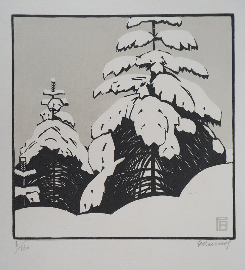 Philippe BURNOT : La neige, Gravure sur bois originale signée