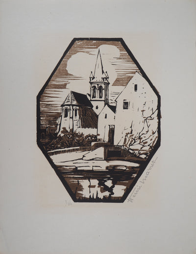 Henri MARRET : Eglise de Mareil, Gravure sur bois originale signée