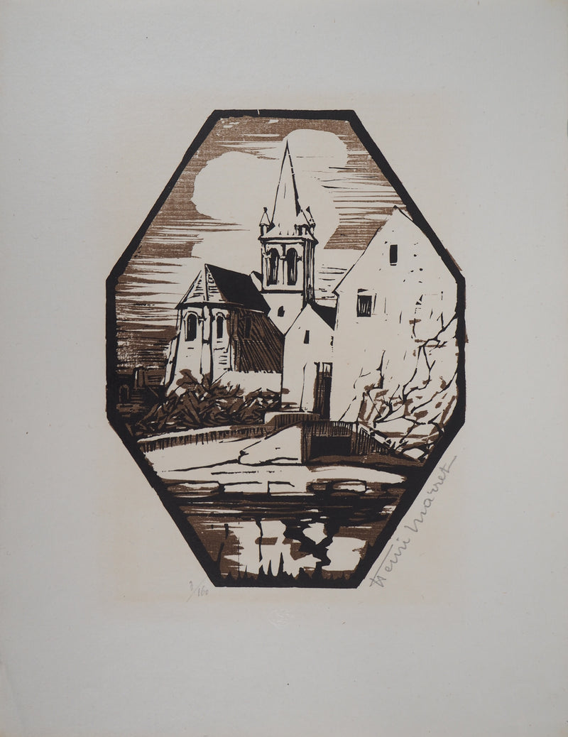 Henri MARRET : Eglise de Mareil, Gravure sur bois originale signée