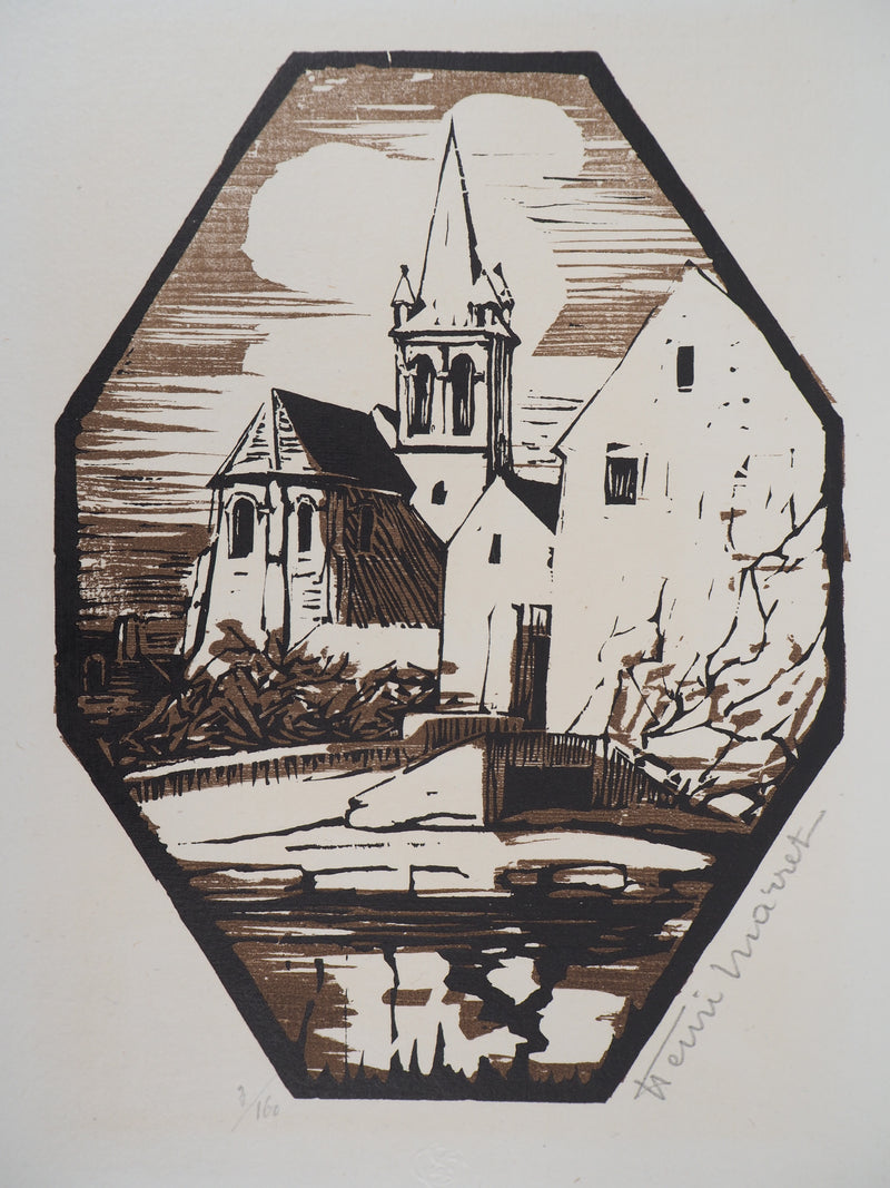 Henri MARRET : Eglise de Mareil, Gravure sur bois originale signée