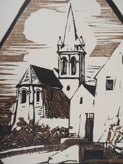 Henri MARRET : Eglise de Mareil, Gravure sur bois originale signée
