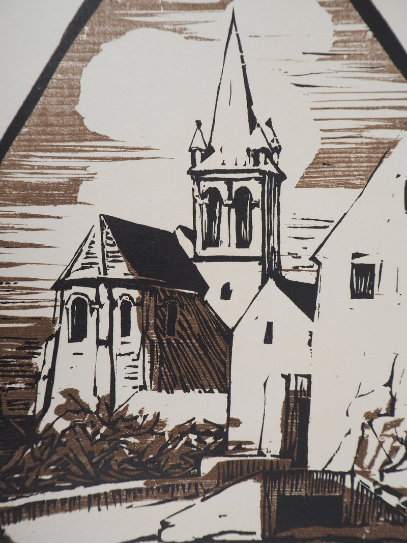 Henri MARRET : Eglise de Mareil, Gravure sur bois originale signée
