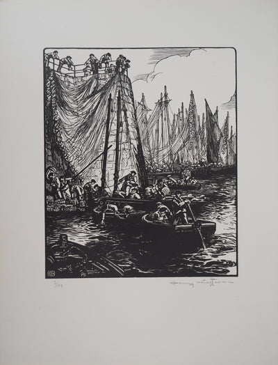 Henry CHEFFER : Au port de Douarnenez, Gravure sur bois originale (vue générale) - Crédit photo : Galerie Art.Paris
