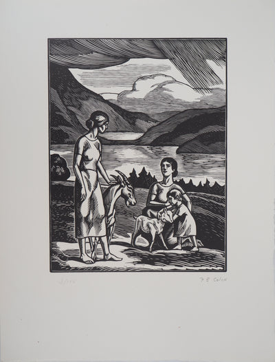 Paul-Emile COLIN : Aux bord des lacs, Gravure sur bois originale signée