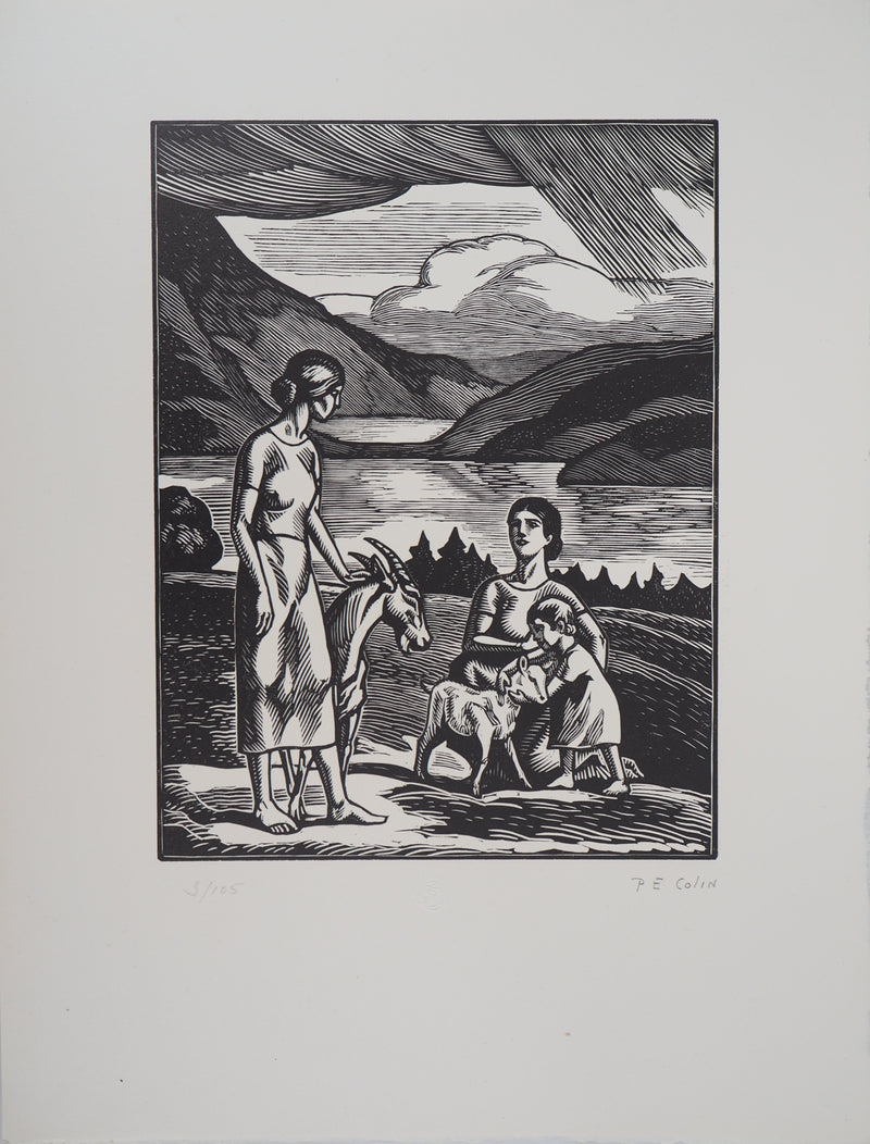 Paul-Emile COLIN : Aux bord des lacs, Gravure sur bois originale signée