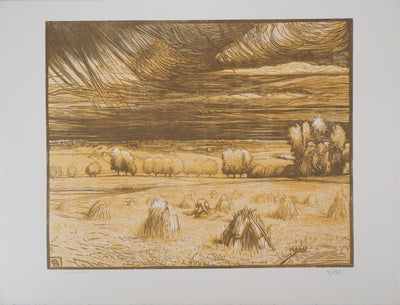 Paul BAUDIER : Moisson, les meules dans les champs, Gravure sur bois originale (vue générale) - Crédit photo : Galerie Art.Paris