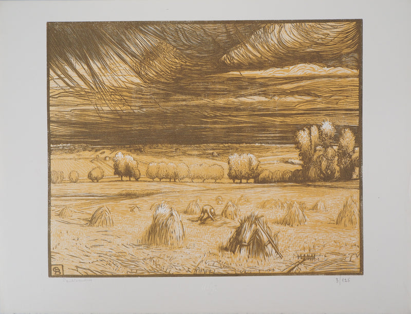 Paul BAUDIER : Moisson, les meules dans les champs, Gravure sur bois originale (vue générale) - Crédit photo : Galerie Art.Paris