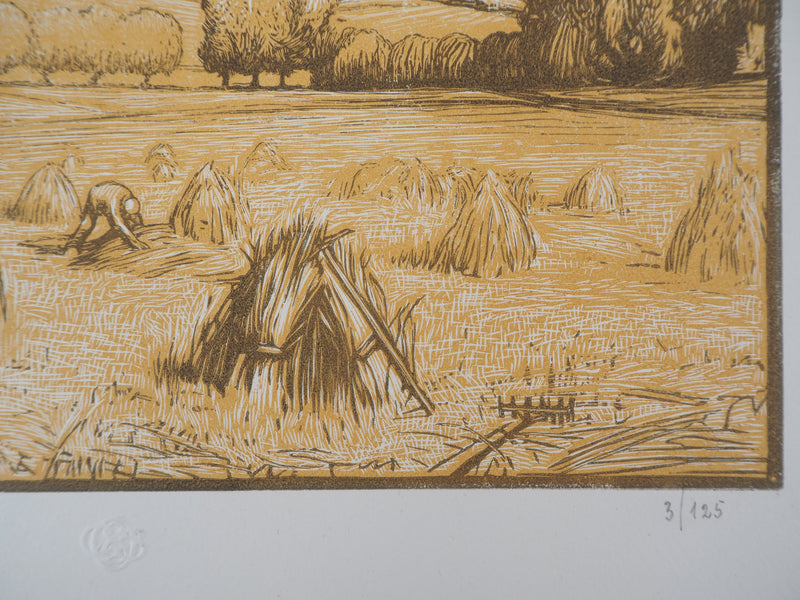 Paul BAUDIER : Moisson, les meules dans les champs, Gravure sur bois originale (photo de détail 2) - Crédit photo : Galerie Art.Paris