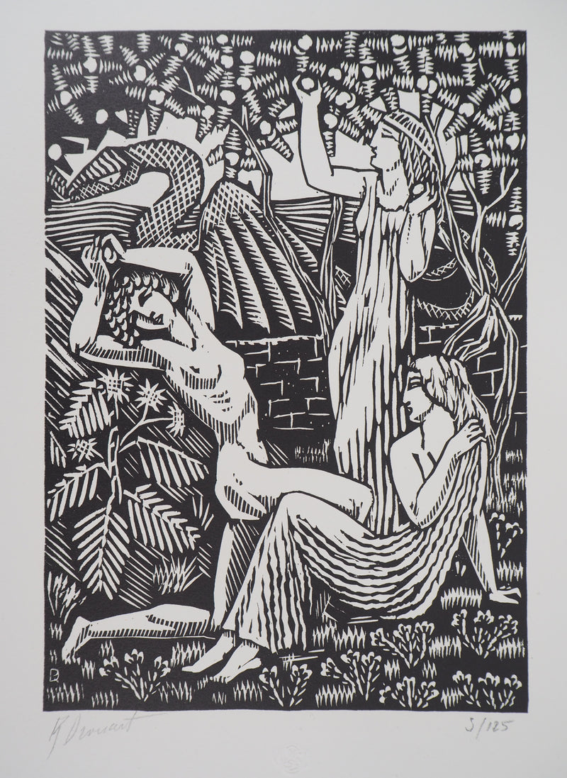 Raphaël DROUART : Mythologie, le jardin des Hespérides, Gravure sur bois originale (vue générale) - Crédit photo : Galerie Art.Paris