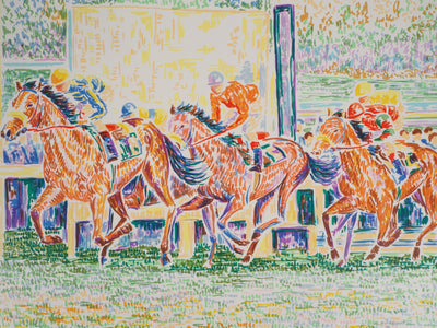 Serge MENDJISKY : L'élan des jockeys, Lithographie originale signée