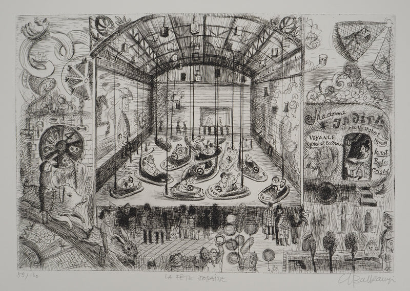 Suzanne BALKANYI : La fête forain, Gravure originale (vue générale) - Crédit photo : Galerie Art.Paris