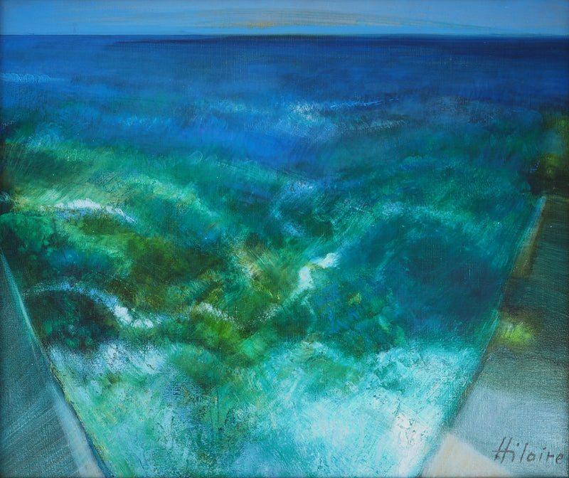 Camille HILAIRE : Mer éclatante dans une petite crique, Huile sur toile signée