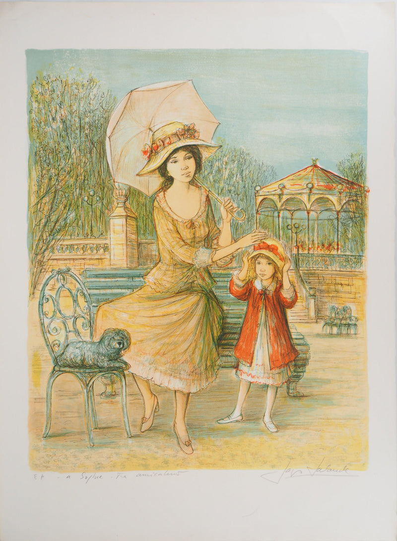 Jacques LALANDE : Promenade au parc, Lithographie originale signée