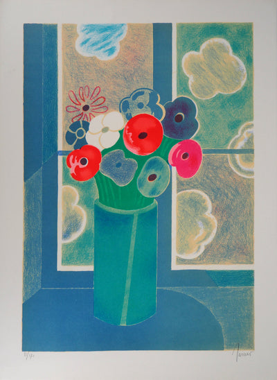 Albert ZAVARO : Bouquet de fleurs à la fenêtre, Lithographie originale (vue générale) - Crédit photo : Galerie Art.Paris