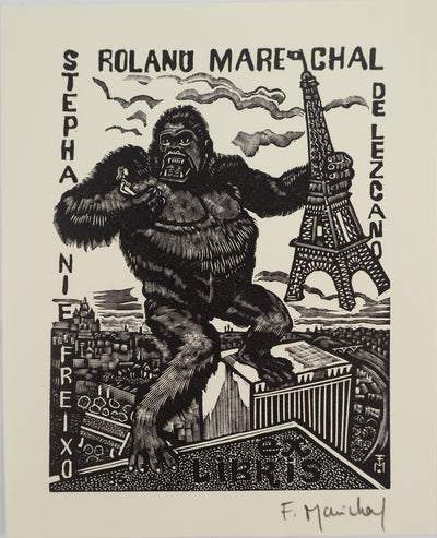 François MARECHAL : Paris : King Kong et la Tour Eiffel, Gravure sur bois originale (vue générale) - Crédit photo : Galerie Art.Paris