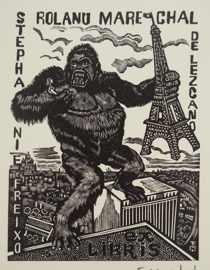 François MARECHAL : Paris : King Kong et la Tour Eiffel, Gravure sur bois originale (photo de détail 2) - Crédit photo : Galerie Art.Paris