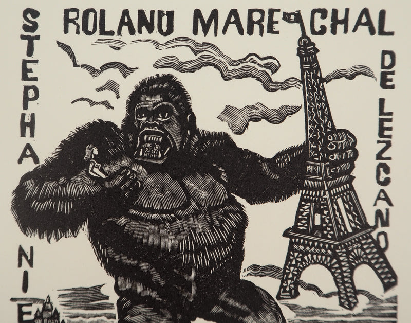 François MARECHAL : Paris : King Kong et la Tour Eiffel, Gravure sur bois originale (photo de détail 3) - Crédit photo : Galerie Art.Paris