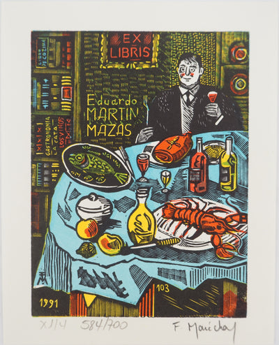 François MARECHAL : La bonne table au homard, Gravure sur bois originale (vue générale) - Crédit photo : Galerie Art.Paris