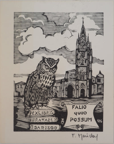 François MARECHAL : Hibou près d'une église, Gravure sur bois originale (vue générale) - Crédit photo : Galerie Art.Paris