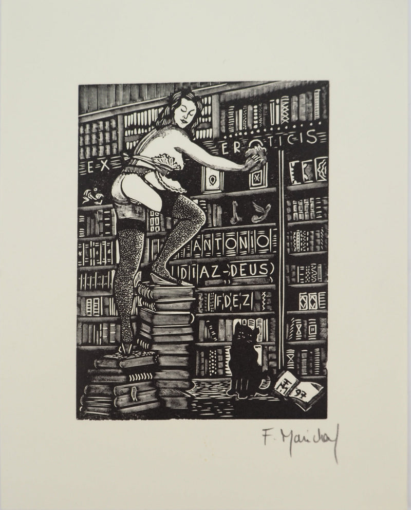 François MARECHAL : La bibliothèque érotique, Gravure sur bois originale (vue générale) - Crédit photo : Galerie Art.Paris