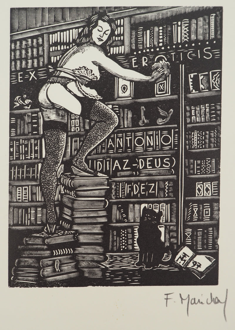 François MARECHAL : La bibliothèque érotique, Gravure sur bois originale (photo de détail 2) - Crédit photo : Galerie Art.Paris