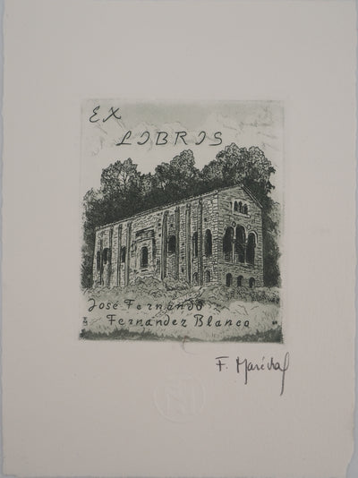 François MARECHAL : Espagne, l'église Santa Maria del Naranco, Gravure originale (vue générale) - Crédit photo : Galerie Art.Paris