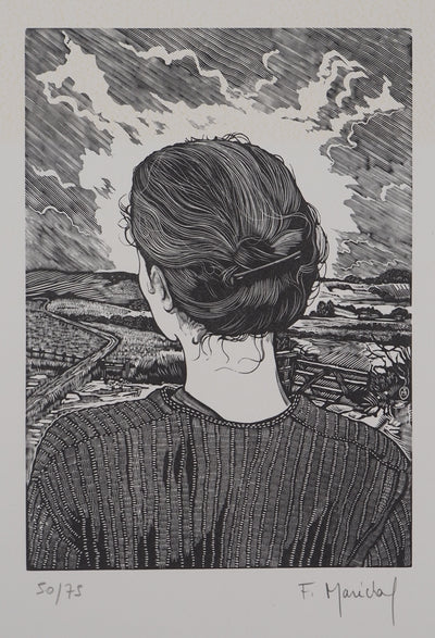 François MARECHAL : Femme regardant un paysage orageux, Gravure sur bois originale (vue générale) - Crédit photo : Galerie Art.Paris