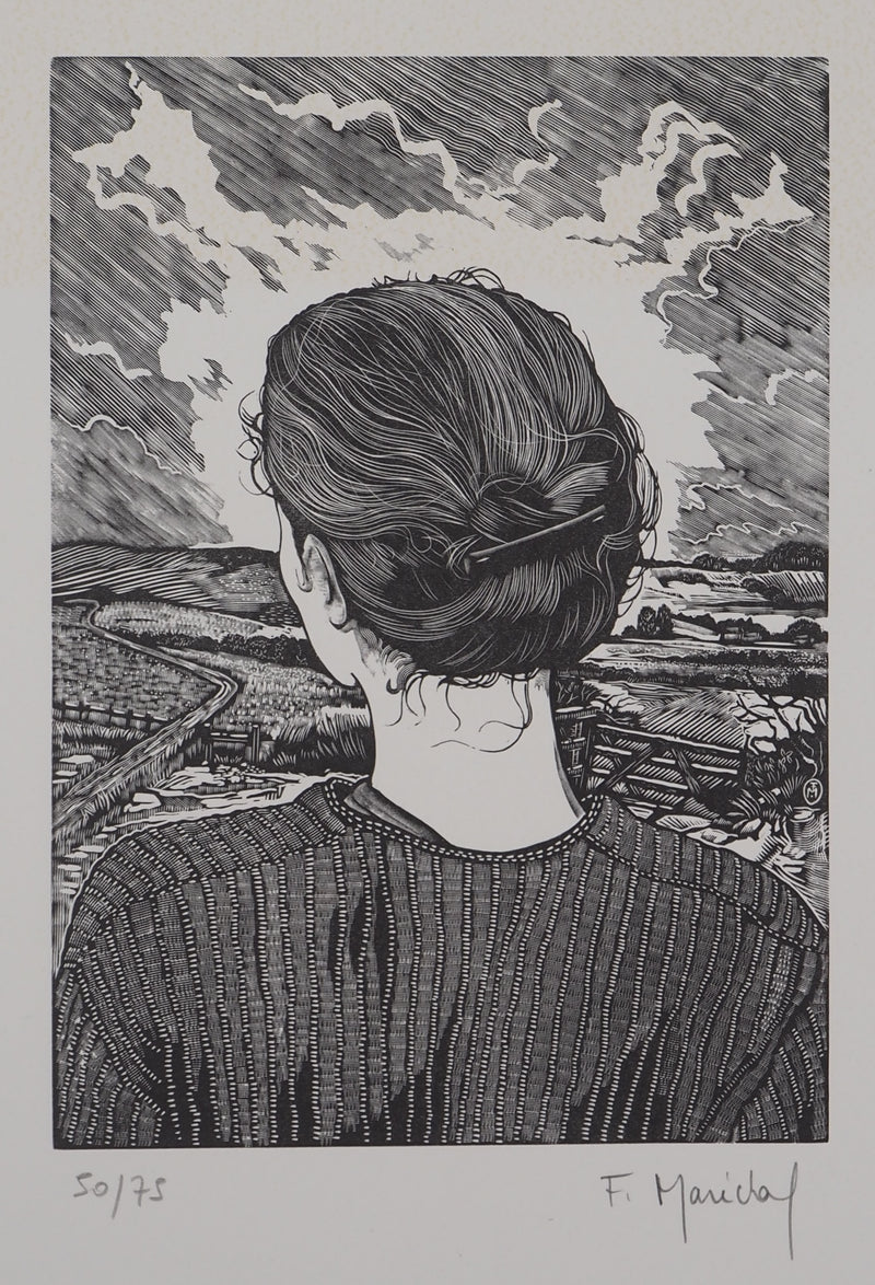 François MARECHAL : Femme regardant un paysage orageux, Gravure sur bois originale (vue générale) - Crédit photo : Galerie Art.Paris