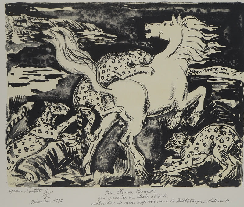 Yves BRAYER : Cheval attaqué par des léopards, Lithographie originale signée