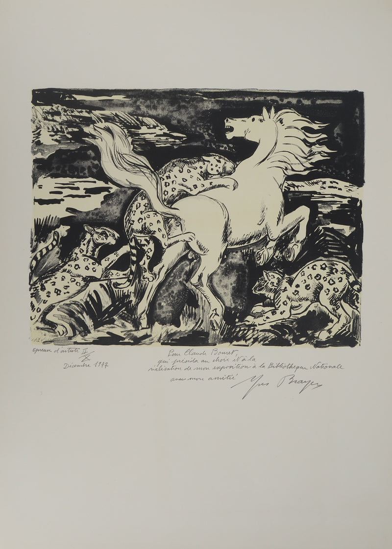 Yves BRAYER : Cheval attaqué par des léopards, Lithographie originale signée