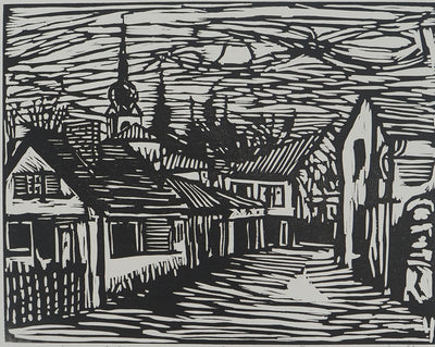 Jacques HALLEZ : Village : Au détour d'une ruelle, Linogravure originale (photo de détail 2) - Crédit photo : Galerie Art.Paris