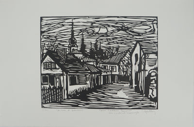 Jacques HALLEZ : Village : Au détour d'une ruelle, Linogravure originale (vue générale) - Crédit photo : Galerie Art.Paris