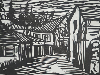 Jacques HALLEZ : Village : Au détour d'une ruelle, Linogravure originale (photo de détail 5) - Crédit photo : Galerie Art.Paris