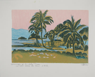 Jeannine HERVE : Guadeloupe : Palmiers au bord de l'océa, Gravure sur bois originale (vue générale) - Crédit photo : Galerie Art.Paris