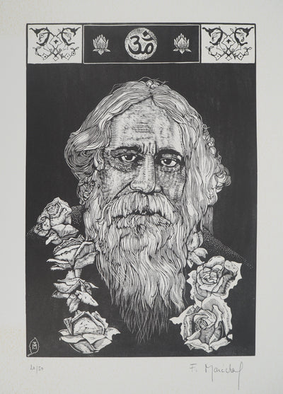 François MARECHAL : Vieil homme au collier de roses, Gravure sur bois originale (vue générale) - Crédit photo : Galerie Art.Paris