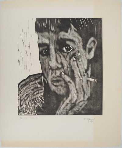 François MARECHAL : Homme à la cigarette (Kung-Fu), Gravure sur bois originale (vue générale) - Crédit photo : Galerie Art.Paris