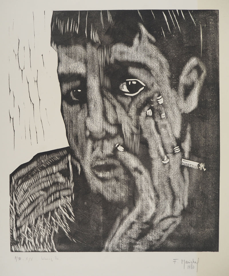 François MARECHAL : Homme à la cigarette (Kung-Fu), Gravure sur bois originale (photo de détail 3) - Crédit photo : Galerie Art.Paris