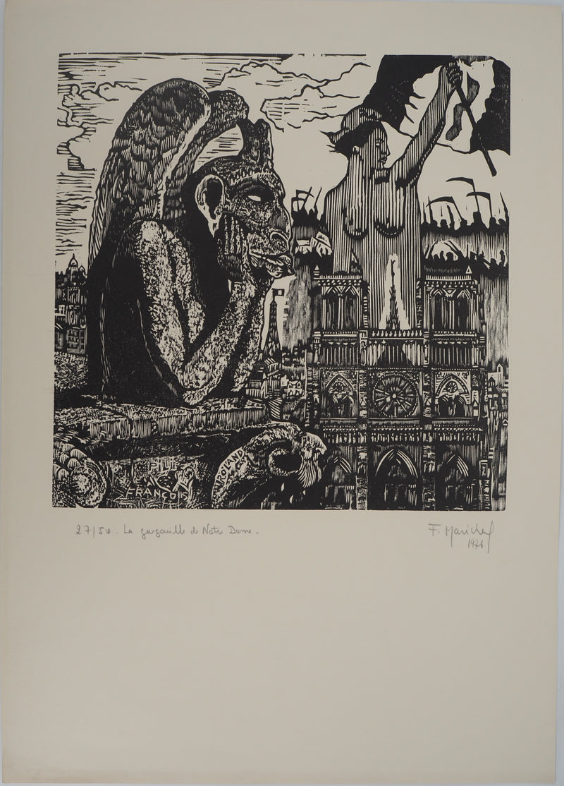 François MARECHAL : La gargouille de Notre Dame, Gravure sur bois originale (vue générale) - Crédit photo : Galerie Art.Paris