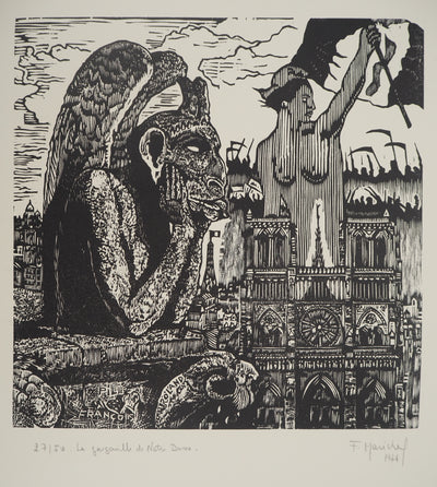 François MARECHAL : La gargouille de Notre Dame, Gravure sur bois originale (photo de détail 2) - Crédit photo : Galerie Art.Paris