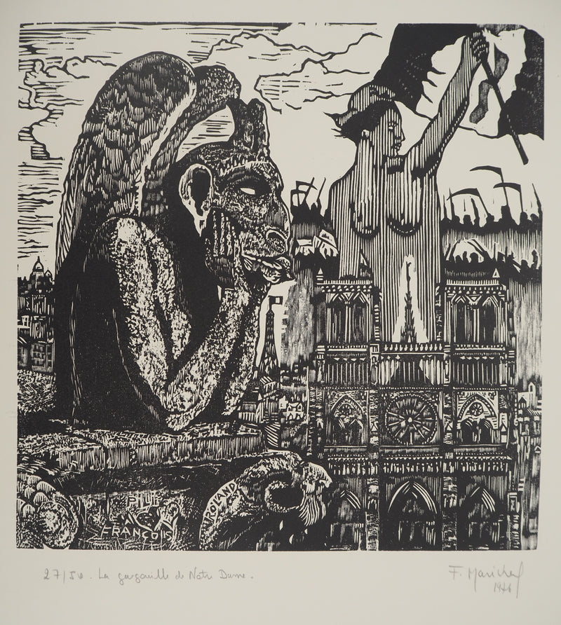 François MARECHAL : La gargouille de Notre Dame, Gravure sur bois originale (photo de détail 2) - Crédit photo : Galerie Art.Paris