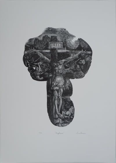 Manuel VERMEIRE : Crucifixion, Gravure sur bois originale (vue générale) - Crédit photo : Galerie Art.Paris